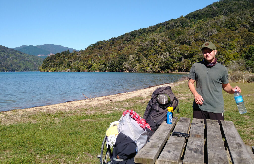 Davies Bay campground, hiking the Queen Charlotte track, New Zealand