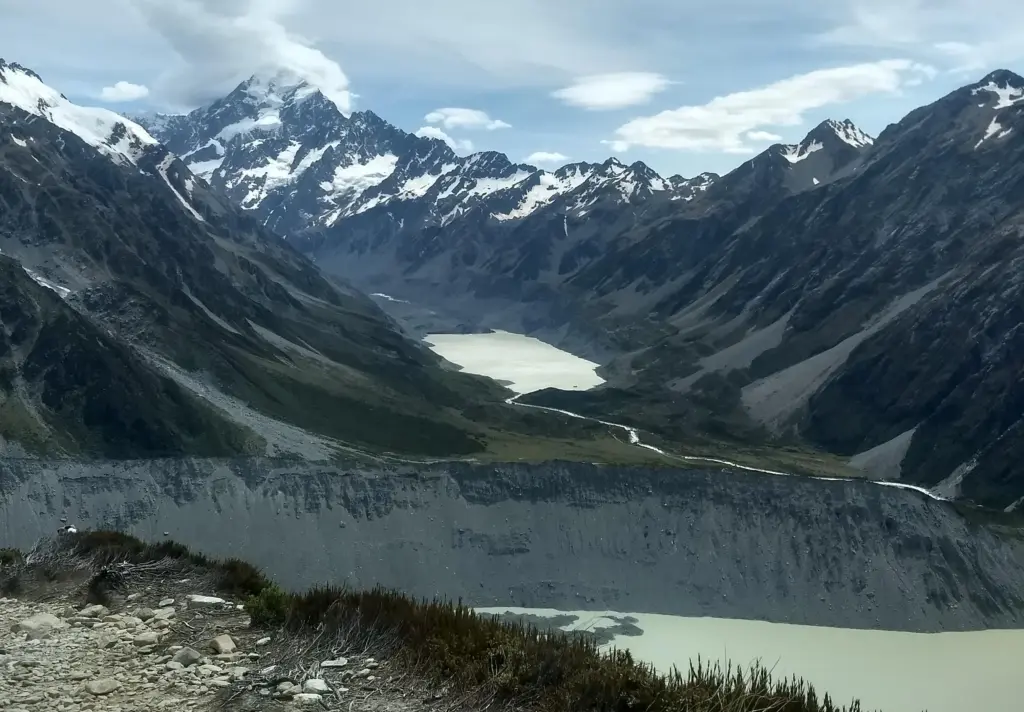 view of hooker valley and hooker lake from Sealy Tarns Track, New Zealand