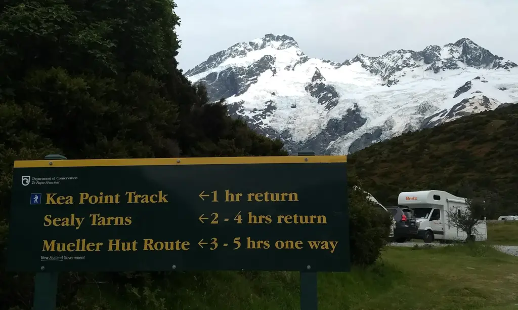 beginning of the Sealy Tarns Track, New Zealand, at the white horse hill campground