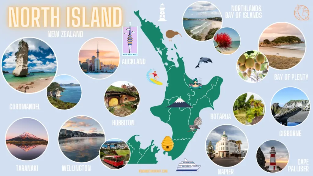 An infographic showing the popular destinations of the North Island of New Zealand