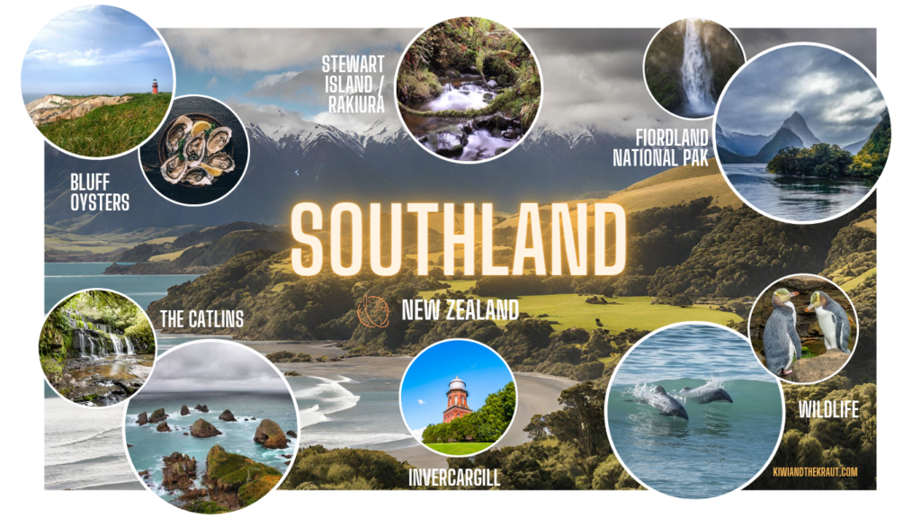 An infographic showing the attractions and highlights of the Southland Region of New Zealand