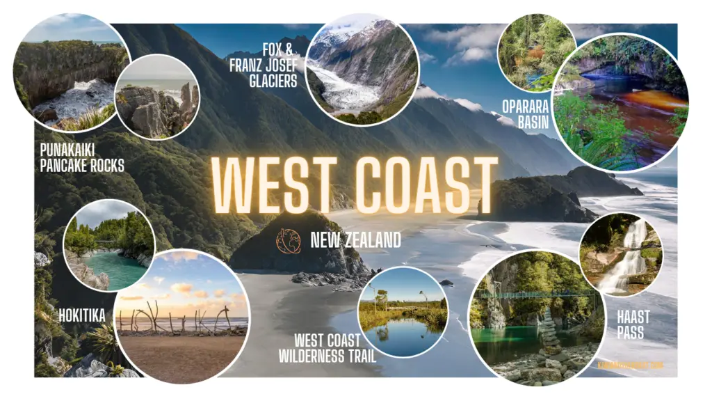An infographic on the West Coast region of New Zealand displaying the top attractions 