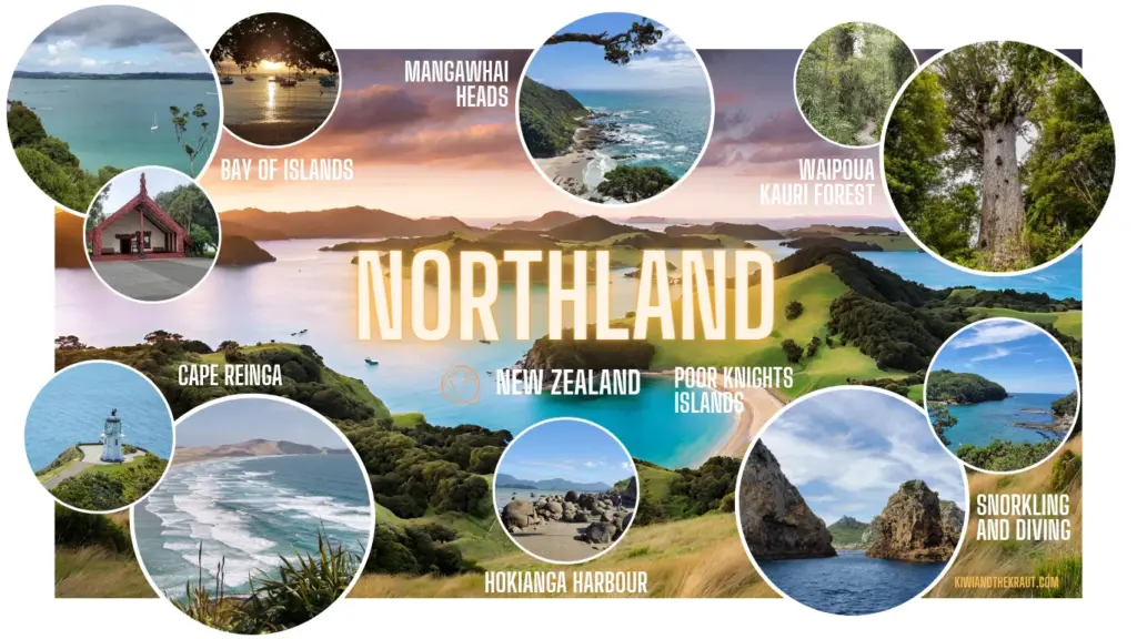 Infographic showing the best places to visit in the Northland Region of New Zealand