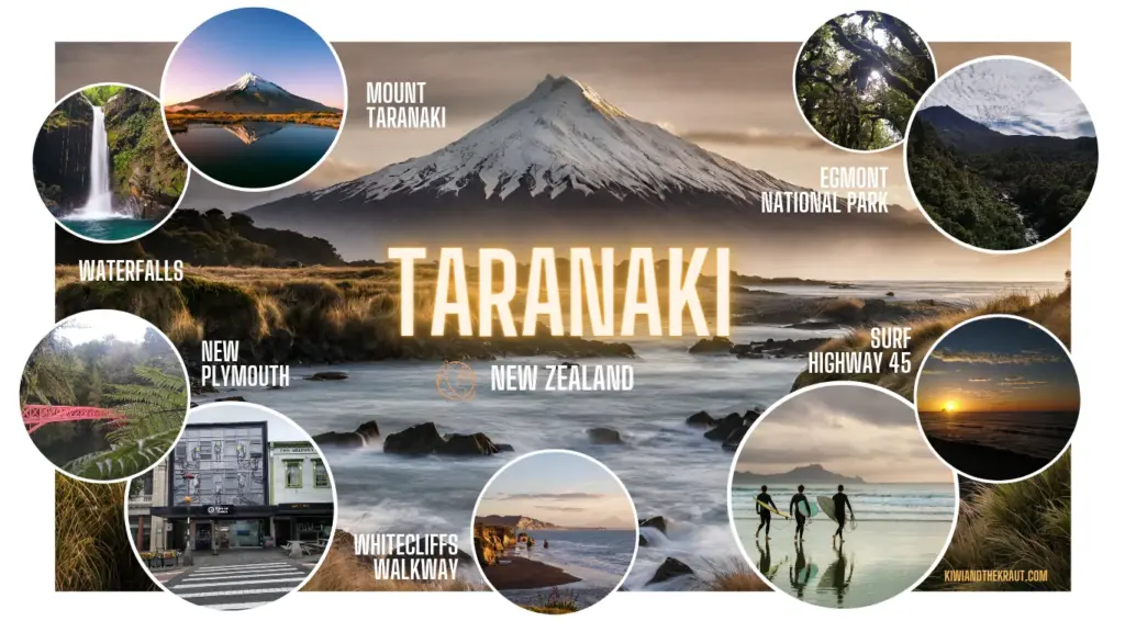 An infographic showing popular places to visit in the Taranaki region of New Zealand
