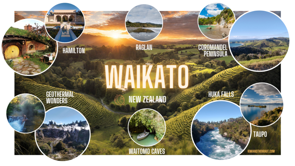 Infographic showing popular destinations in the Waikato Region of New Zealand