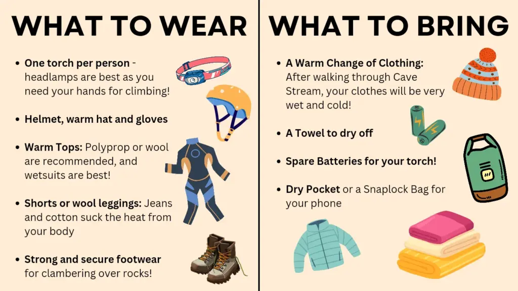 An infographic showing what to wear for the Cave Stream Walk, Canterbury, New Zealand