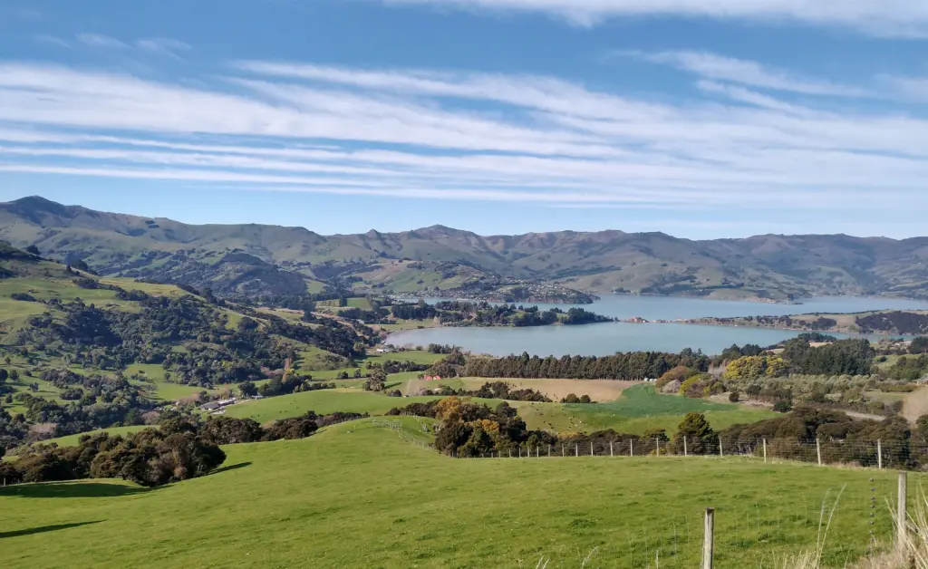 Akaroa Harbour from Hilltop Lookout, drive from Christchurch to Akaroa via Lyttleton
